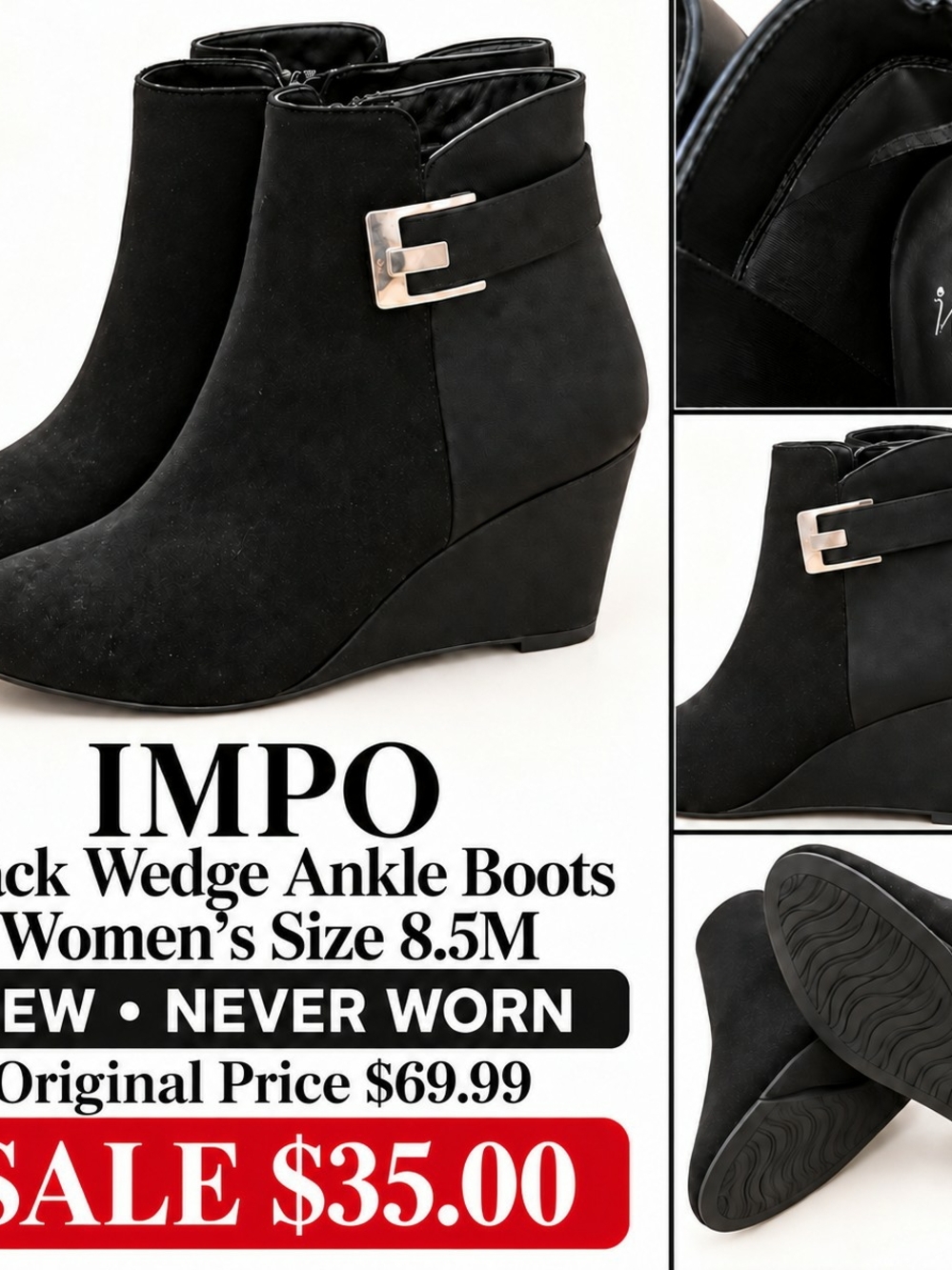 IMPO Black Wedge Ankle Booties with Side Buckle, SIZE 9